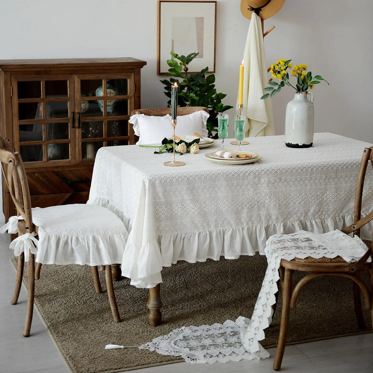 Elegant French Cotton Tablecloth with Lace