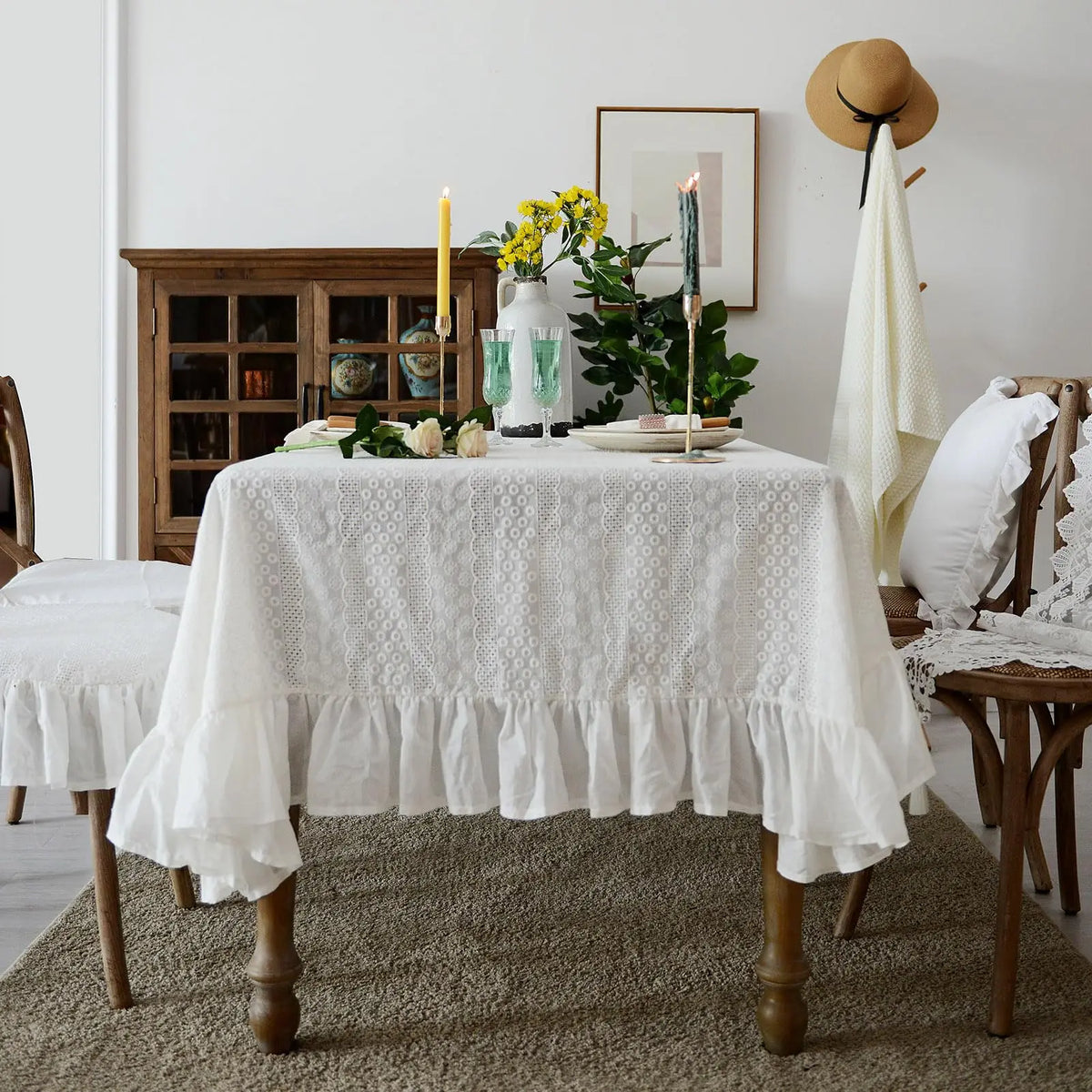 Elegant French Cotton Tablecloth with Lace
